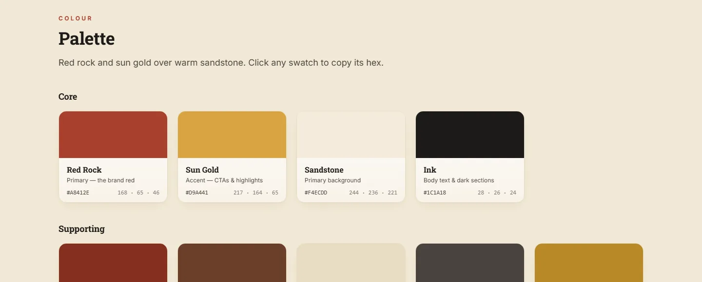 The Dixie Chix Reporting color palette: Red Rock, Sun Gold, Sandstone, and Ink