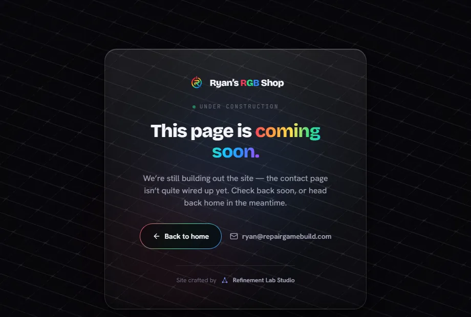 The custom interactive coming-soon page for the contact flow