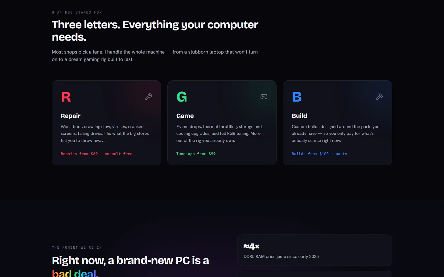 The RGB concept: Repair, Game, Build, shown in the brand's red, green, and blue